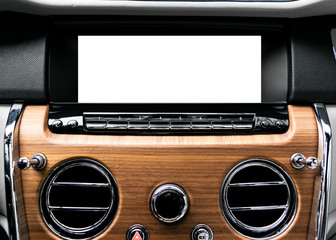 Obraz premium Monitor in car with isolated blank screen use for navigation maps and GPS. Isolated on white with clipping path. Car detailing. Car display with blank screen. Modern car interior details. Mock up