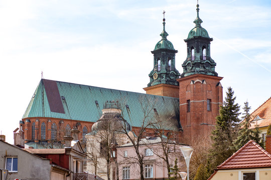 Gniezno - cityscape, view to the gothic cathedral. Medieval architecture in Poland.