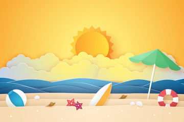 Fototapeta na wymiar Summer time , sea and beach with stuff , paper art style