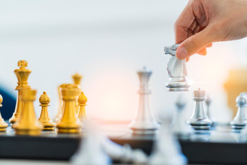 strategy business ideas concept with chess board game with hand choice turn solution
