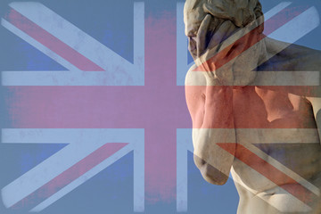 Facepalm and Brexit - Union Jack over a statue with its head in its hands