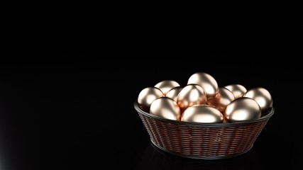 Fototapeta na wymiar Golden Easter Eggs In The Basket Isolated On The Black Background - 3D Illustration