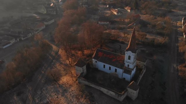 Aerial view of Gherdeal village in Romania. Fortified church in Transylvania