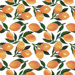  A watercolor seamless lemon pattern on white background.