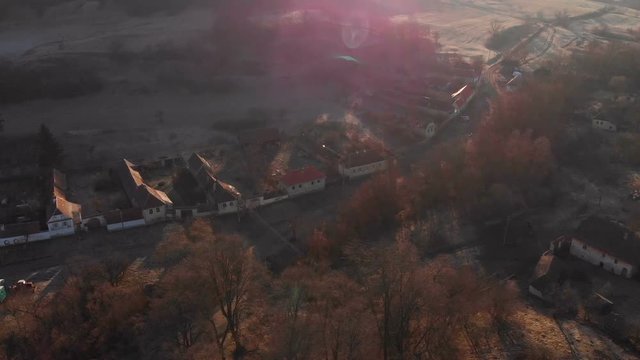 Aerial view of Gherdeal village in Romania. Fortified church in Transylvania