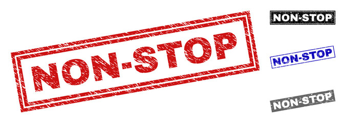 Grunge NON-STOP rectangle stamp seals isolated on a white background. Rectangular seals with grunge texture in red, blue, black and gray colors.