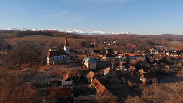 Aerial view of Gherdeal village in Romania. Fortified church in Transylvania