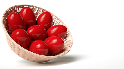 Red Easter Eggs In The Basket Isolated On The White Background. Happy Easter Concept - 3D Illustration