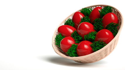 Obraz na płótnie Canvas Red Easter Eggs With Grass In The Basket Isolated On The White Background. Happy Easter Concept - 3D Illustration