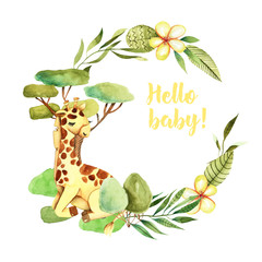 Wreath with watercolor hand painted cute giraffe, flowers and floral elements, baby shower card design