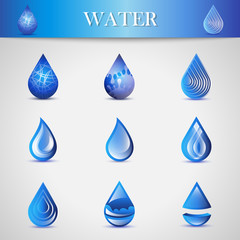 Water Drop Icons - Isolated On Gray Background. Vector Illustration Of Water Drop Icons. Set For Websites, Label, Logo Template And Design Elements