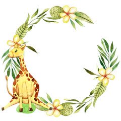Wreath with watercolor cute giraffe, flowers and floral elements, hand drawn on a white background