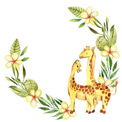 Wreath with cute watercolor giraffes, flowers and floral elements, hand drawn on a white background