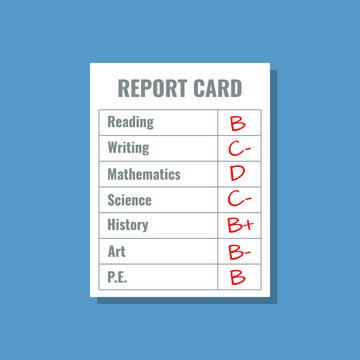 school report card with B C D grades, flat design vector illustration