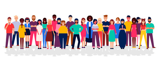 A group of people standing on a white background. Business people and business women in flat design characters