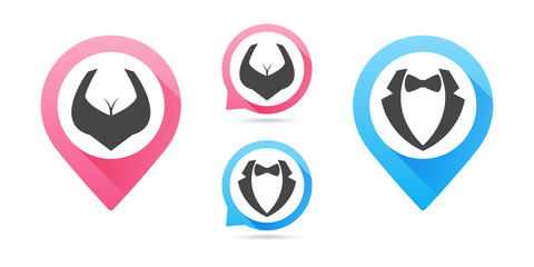 Man and Woman icon, vector isolated flat design symbol. Map pointers. Vector male and female icon set.