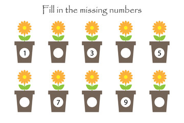Game with flowers in pots for children, fill in the missing numbers, easy level, education game for kids, school worksheet activity, task for the development of logical thinking, vector illustration - 256863063