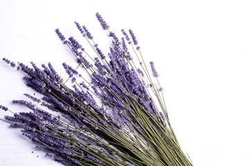Dried lavender bouquet on a white background. Copy space