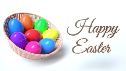Colorful Easter Eggs In The Basket Isolated On The White Background. Happy Easter Concept - 3D Illustration