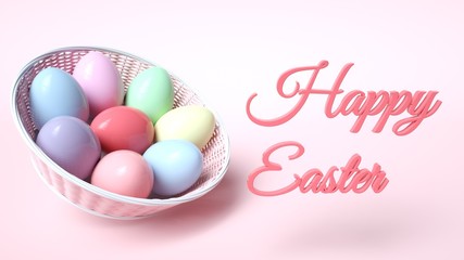 Colorful Easter Eggs In The Pink Basket Isolated On The Pink Background. Happy Easter Concept - 3D Illustration