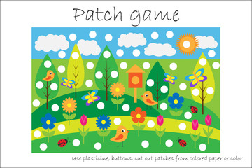 Naklejka premium Education Patch game spring for children to develop motor skills, use plasticine patches, buttons, colored paper or color the page, kids preschool activity, printable worksheet, vector illustration