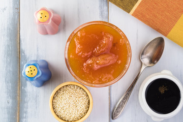 Ingredients of apricot soy sauce for roasted chicken breast.