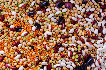 legume abstract - top view of a variety of colorful bean, lentil and pea