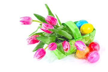 Watercolor illustration of Easter eggs with a basket and bunch of pink tulips
