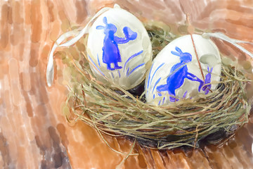 Watercolor illustration of white easter eggs with rabbit decoration in nest