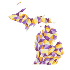 Obraz premium Michigan U.S. state polygonal map background low poly style yellow, orange, blue, purple colors vector illustration eps