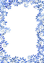 Abstract blue fern leaves watercolor hand painting border on white background.