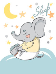 Cute little elephant  sleeping hand drawn vector illustration