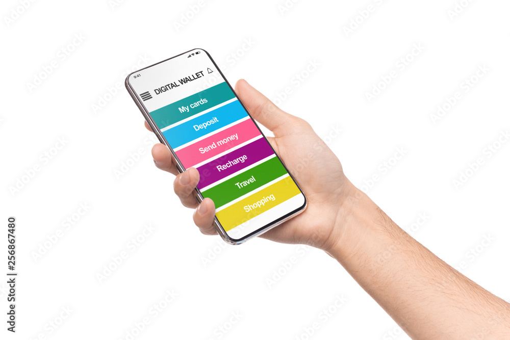 Poster man holding smartphone with digital wallet application