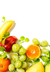 Beautiful colorful tropical fruits border isolated on white background. Detox. Text space