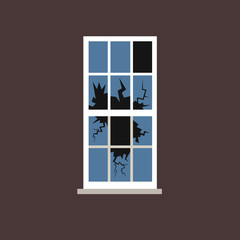 Broken window with shuttered glass. Detail of wall of abandoned building. Vector illustration