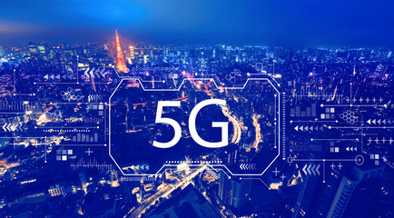5G network with aerial view of Tokyo, Japan at night