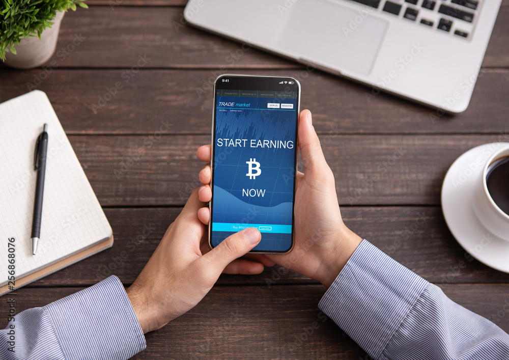 Aufkleber bitcoin earning application on smartphone screen isolated