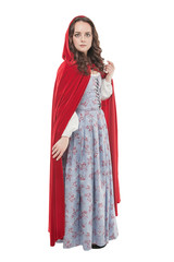 Young beautiful woman in long medieval dress and red cloak