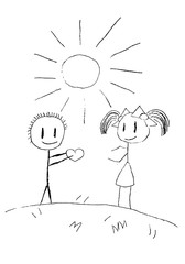 Children's sketch, hand draw young boy and girl with heart. For print on T-shirts. vector illustration.