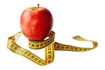 Measure tape and fresh fruit apple isolated over white background. Loss weight, slim body, healthy diet concept