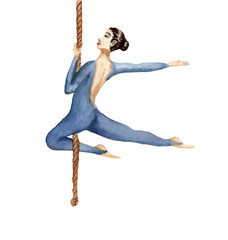 Circus acrobat on the rope. Watercolor illustration on white