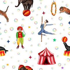 Circus pattern, elephant, seal, tiger, tent, clown, soap bubbles and acrobat. Watercolor illustration on white