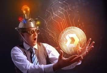 distraught looking conspiracy believer in suit with aluminum foil head with DMARKET cryotocurrency...