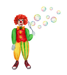 Circus clown blowing bubbles. Watercolor illustration on white