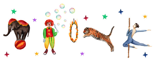 Circus horizontal pattern, elephant, clown, tiger and acrobat. Watercolor illustration on white