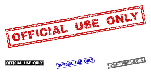 Grunge OFFICIAL USE ONLY rectangle stamp seals isolated on a white background. Rectangular seals with grunge texture in red, blue, black and grey colors.