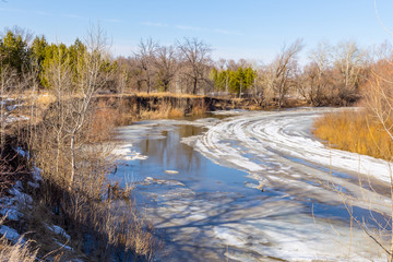 Spring landscape. Movement of floes on the river.