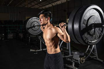 portrait of a handsome athlete at gym. man does the exercise with a barbell, standing and...