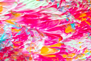Pink Blue and Orange Paint Splatters on White Background