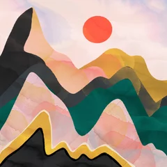 Cercles muraux Couleur miel Montagnes abstraites et soleil rouge. Illustration colorée dessinée à la main